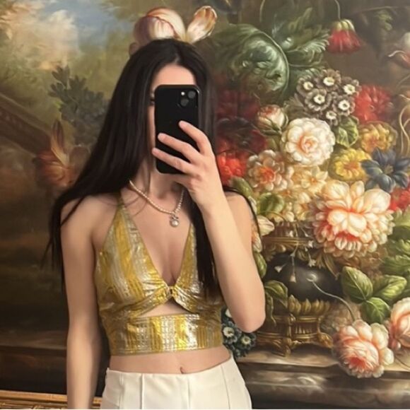 RAMY BROOK Crop Top NWT Halter Adriana Silk Metallic Gold Silver Size 4 - Picture 4 of 11